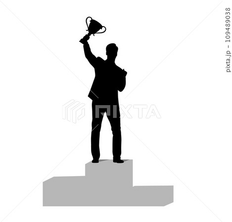 Sport winner holding a winning trophy, happy man with trophy cup silhouette	 109489038