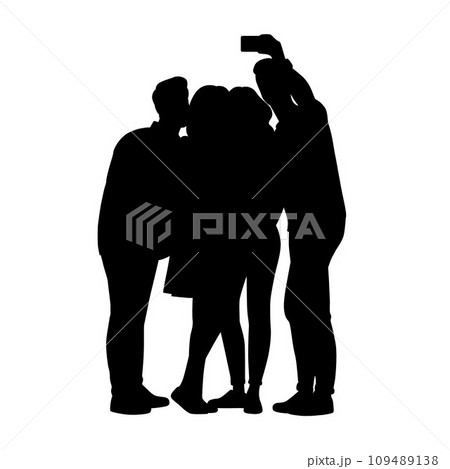 Group of man and woman taking selfie through mobile phone, group selfie, group of friends take picture with phone silhouette Group of man and woman taking selfie through mobile phone, group selfie, group of friends take picture with phone silhouette 109489138