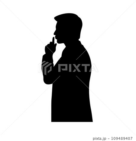 Man with finger on his lips, silence gesture, keep secret silhouette, man shows silence Man with finger on his lips, silence gesture, keep secret silhouette, man shows silence 109489407