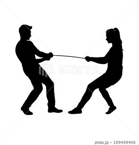 Man and woman pulling a rope in tug of war silhouette, concept of compete, teamwork, Teams Playing Tug Of War	 109489408