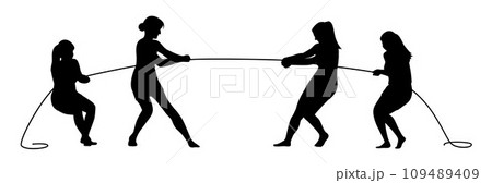 Woman team pulling a rope in tug of war silhouette, concept of compete, teamwork, Teams Playing Tug Of War	 109489409