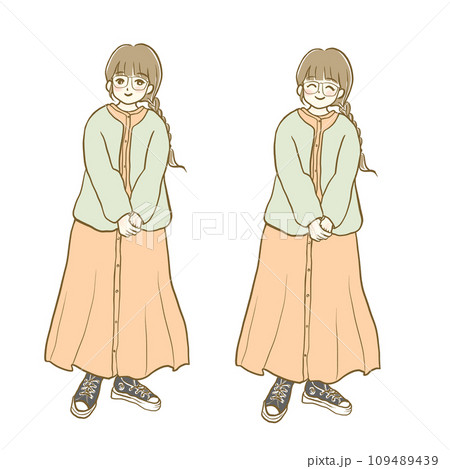 イラスト素材：秋冬ファッション　女性12　全身　表情セット 109489439