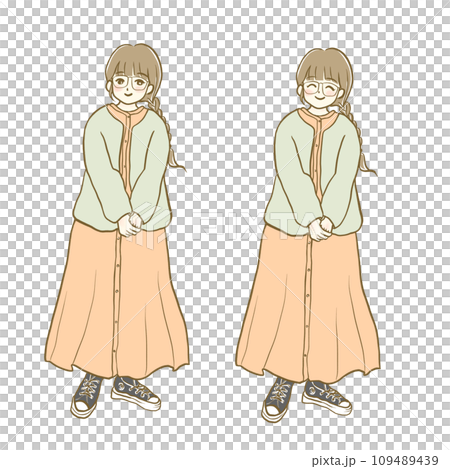 イラスト素材：秋冬ファッション　女性12　全身　表情セット 109489439