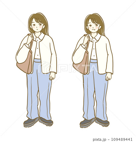 イラスト素材：秋冬ファッション　女性7　全身　表情セット 109489441