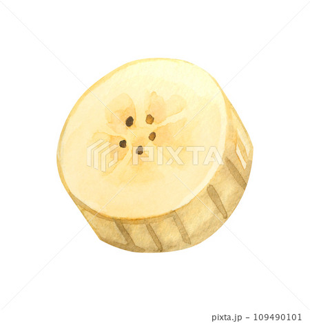 Watercolor illustration. Ripe banana without peel, banana slice, fruit slice. All elements are hand-painted in watercolor. Suitable for printing on fabric and paper, for kitchens, textiles 109490101