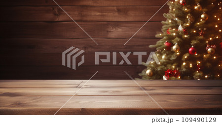 Empty wooden table with a view of a vibrant Christmas Empty wooden table with a view of a vibrant Christmas 109490129