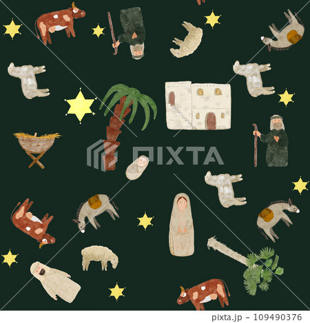 Watercolor Christmas nativity scene seamless...のイラスト素材 [109490376] - PIXTA