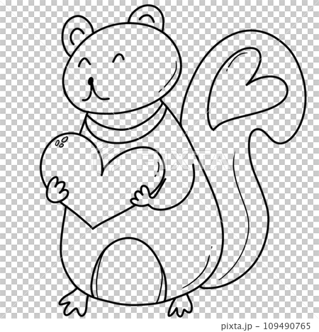 black line art of squirrel holding heart on a white background, coloring book art supply for kids black line art of squirrel holding heart on a white background, coloring book art supply for kids 109490765