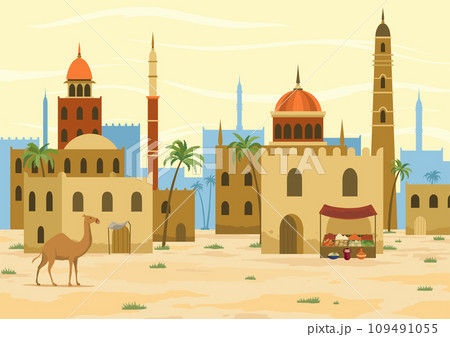 Middle east. Arabic desert landscape with traditional mud brick houses. Ancient building on background. Flat vector illustration 109491055