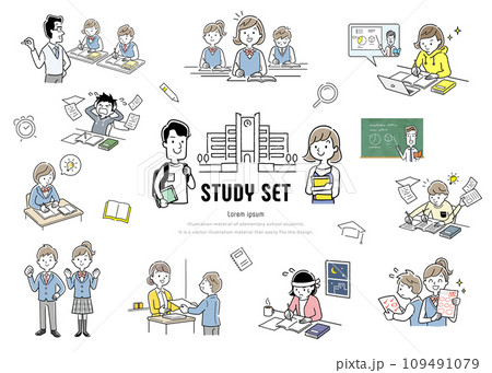 ベクターイラスト素材:勉強する学生の人物セット ベクターイラスト素材:勉強する学生の人物セット 109491079