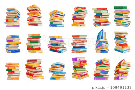 High book stacks or pile icon set. Library textbooks and school literature heaps, dictionaries. Bookstore advertise. Cartoon stacked books angle view with different colorful covers isolated on white High book stacks or pile icon set. Library textbooks and school literature heaps, dictionaries. Bookstore advertise. Cartoon stacked books angle view with different colorful covers isolated on white 109491135