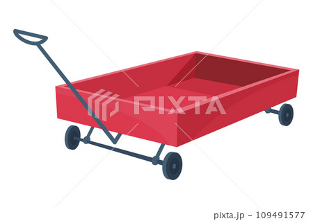 Garden cart cartoon or farm wheelbarrow icon. Gardening, farming concept. Equipment of garden cart or garden wagon, vector illustration on white background 109491577