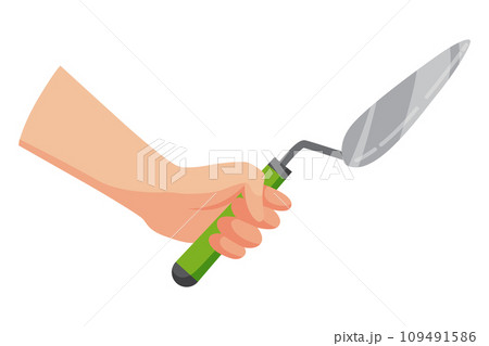 Construction tool in hand, trowel. Repair and housework equipment in flat design, vector illustration. Master tool for building renovation Construction tool in hand, trowel. Repair and housework equipment in flat design, vector illustration. Master tool for building renovation 109491586
