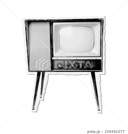 Halftone retro television device on legs. Vintage TV paper sticker collage element. Vector dotted illustration of grunge 80s design. 109492077