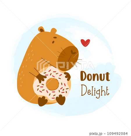 Cute capybara with donut. Vector illustration. Funny animal capibara character rodent for cards, design, print, kids collection 109492084