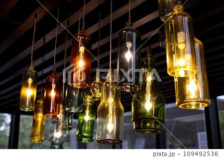 Many wine bottles hanging from the ceiling of a bar as chandeliers. Interior with creative pendant lights made from clear glass bottles.  AI-generated 109492536