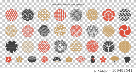 和柄のシンボルとアイコンセット／手書きの和風デザインのイラスト素材