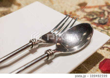 Spoon and Fork on napkin, ready to use. On the table, in restaurant Spoon and Fork on napkin, ready to use. On the table, in restaurant 109492599