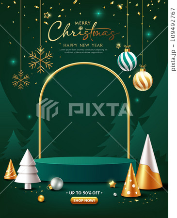 Merry christmas and happy new year, green podium display ornaments poster flyer design on green background 109492767