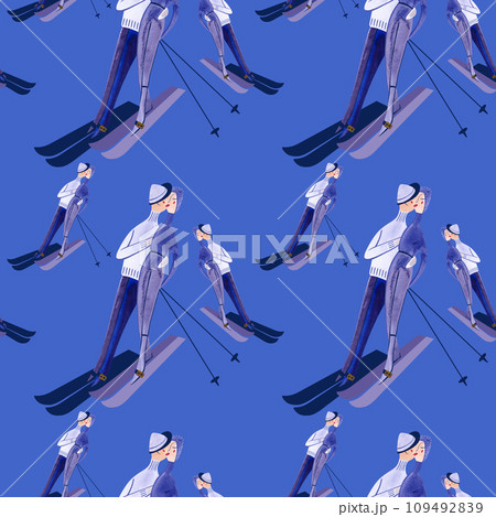 Watercolor seamless patern with skiers. Winter textile. Sport costume. Wrapping paper for ski resort souvenirs. Blue background 109492839