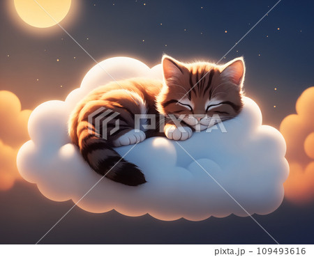 Dreaming kitty on a fluffy cloudのイラスト素材 [109493616] - PIXTA