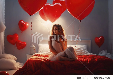 AI-generated content. A happy woman enjoys a love-filled moment in bedroom with heart-shaped balloons 109493756