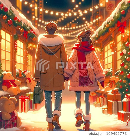 クリスマスカップルが歩く後ろ姿。90年代〜80年代風エモいイラスト 109493778