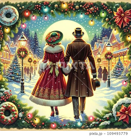 クリスマスカップルが歩く後ろ姿。90年代〜80年代風エモいイラスト 109493779