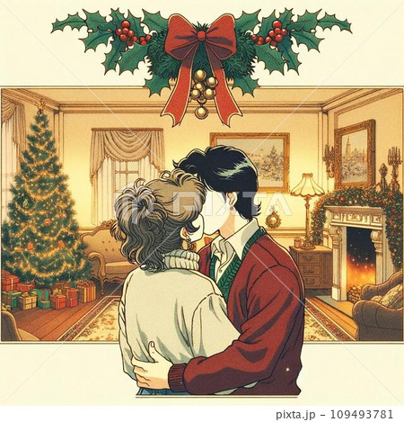 クリスマスカップルが室内でキスをする様子。90年代〜80年代風エモい