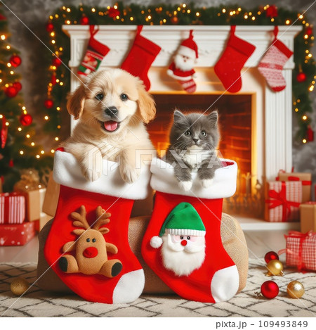 dog and cat and kitens wearing a santa hat, Christmas dog and cat dog and cat and kitens wearing a santa hat, Christmas dog and cat 109493849