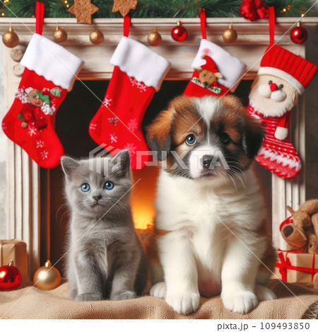 dog and cat and kitens wearing a santa hat, Christmas dog and cat 109493850