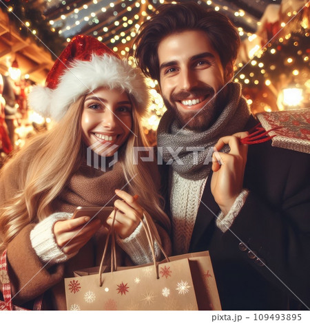 Photo of positive couple having fun christmas x-mas around evening outside 109493895