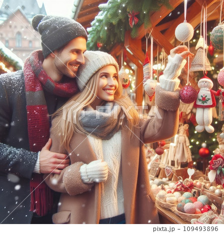 Photo of positive couple having fun christmas x-mas around evening outside 109493896