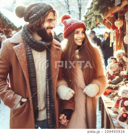 Photo of positive couple having fun christmas x-mas around evening outside 109493916