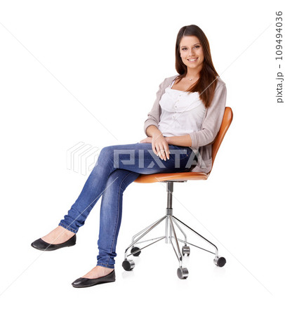 Portrait, fashion and happy woman on a chair in studio for clothes, style or outfit choice on white background. Face, smile or female model on a stool with positive attitude, mindset or confidence 109494036