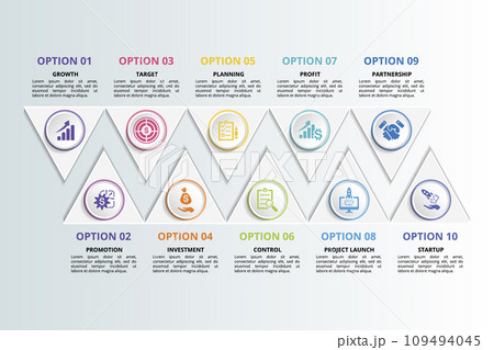 Infographics with Start Up theme icons, 10 steps. Such as growth, promotion, target, investment and more. Infographics with Start Up theme icons, 10 steps. Such as growth, promotion, target, investment and more. 109494045