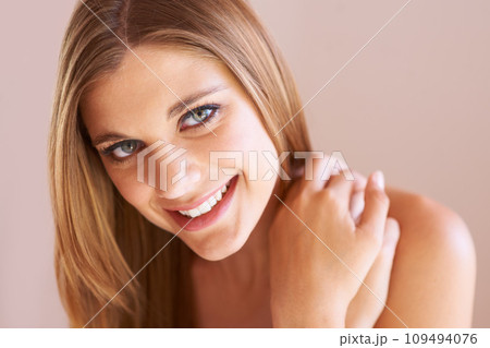 Beauty portrait, studio skincare or happy woman with skin wellness shine, facial aesthetic or anti aging cosmetic. Face makeup, spa salon satisfaction or dermatology girl isolated on beige background 109494076