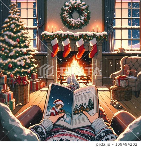 クリスマスに暖炉の前で椅子に座って絵本を読んでいる人の目線の