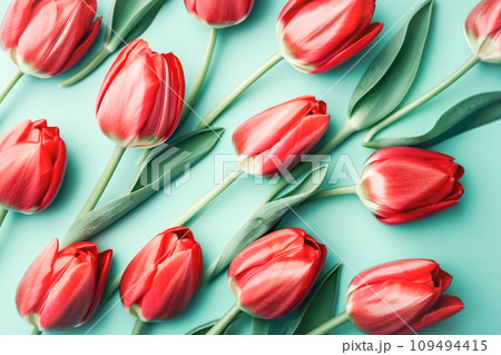 AI-generated content. Beautiful flowers, red tulips arranged in a pattern, pastel green background. Postcard template Women's Day, March 8 109494415