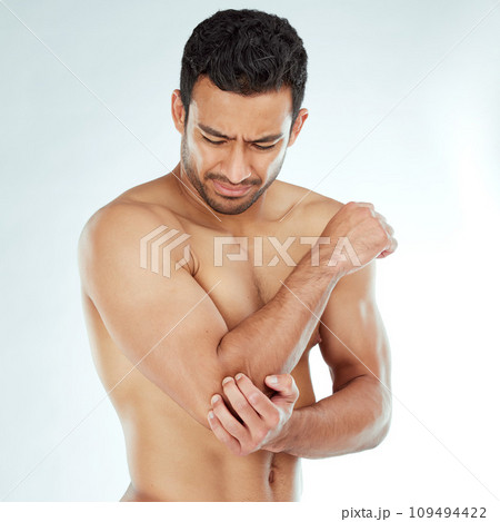 Arm pain, stress and asian fitness man in studio with muscle tension, arthritis or inflammation on white background. Elbow, injury and Japanese male model with fibromyalgia, osteoporosis or emergency Arm pain, stress and asian fitness man in studio with muscle tension, arthritis or inflammation on white background. Elbow, injury and Japanese male model with fibromyalgia, osteoporosis or emergency 109494422
