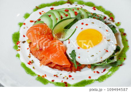 Poached eggs on top of smashed avocado on sourdough toast with smoked salmon. Healthy breakfast with plate on table. Top view. Copy space to right Poached eggs on top of smashed avocado on sourdough toast with smoked salmon. Healthy breakfast with plate on table. Top view. Copy space to right 109494587