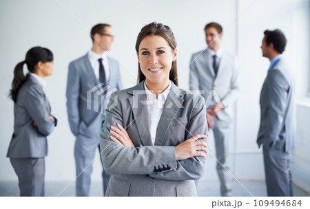 Team leader, arms crossed or corporate portrait of happy woman, manager or group planning company enterprise. Confident CEO trust, female empowerment or boss smile for professional agency corporation 109494684