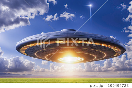 UFO an alien plate hovering over the field hovering motionless in the air Unidentified flying object, alien invasion, extraterrestrial life space travel, humanoid spaceship mixed medium Playground Ai 109494728