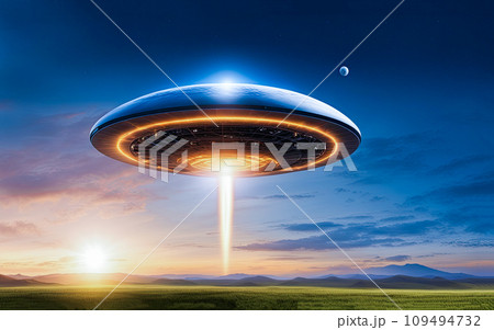 UFO an alien plate hovering over the field hovering motionless in the air Unidentified flying object, alien invasion, extraterrestrial life space travel, humanoid spaceship mixed medium Playground Ai 109494732