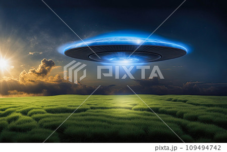 UFO an alien plate hovering over the field...のイラスト素材 [109494742] - PIXTA
