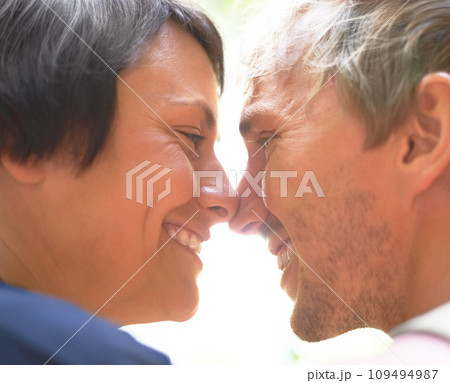 Nose touch, smile or love of couple together outdoor, healthy relationship or connection in summer. Man, woman or romantic people bonding, support or trust, face profile or intimate date in affection Nose touch, smile or love of couple together outdoor, healthy relationship or connection in summer. Man, woman or romantic people bonding, support or trust, face profile or intimate date in affection 109494987