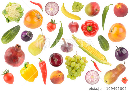 Collection beautiful bright vegetables and fruits isolated on white Collection beautiful bright vegetables and fruits isolated on white 109495003