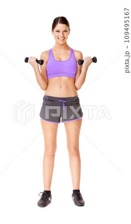 Woman, portrait and happy with dumbbells in studio for exercise, workout or training for fitness. Athlete, person and face with smile or mock up for physical activity and wellness on white background Woman, portrait and happy with dumbbells in studio for exercise, workout or training for fitness. Athlete, person and face with smile or mock up for physical activity and wellness on white background 109495167