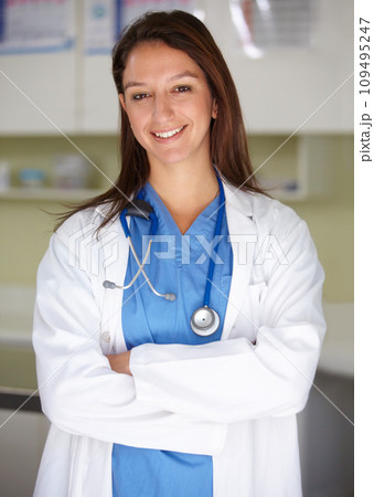 Happy woman, portrait and veterinarian professional doctor at clinic for animal care, shelter or healthcare service. Female person, nurse or pet surgeon smile with arms crossed in confidence at vet Happy woman, portrait and veterinarian professional doctor at clinic for animal care, shelter or healthcare service. Female person, nurse or pet surgeon smile with arms crossed in confidence at vet 109495247