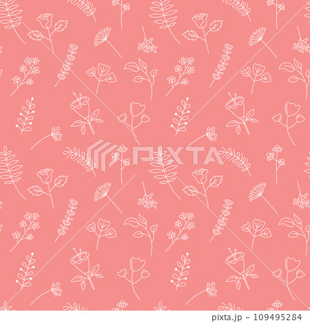 Cute flowers pattern vector seamless background. Hand drawn floral elements. Decorative plants and leaves repeat illustration 109495284